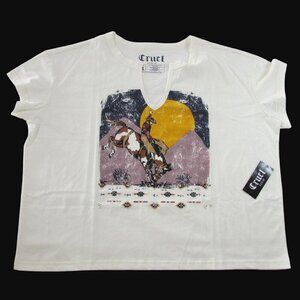 Cruel Women's XL Short Sleeve Notch Neck Bronc Rider Graphic Boxy T-Shirt Cream